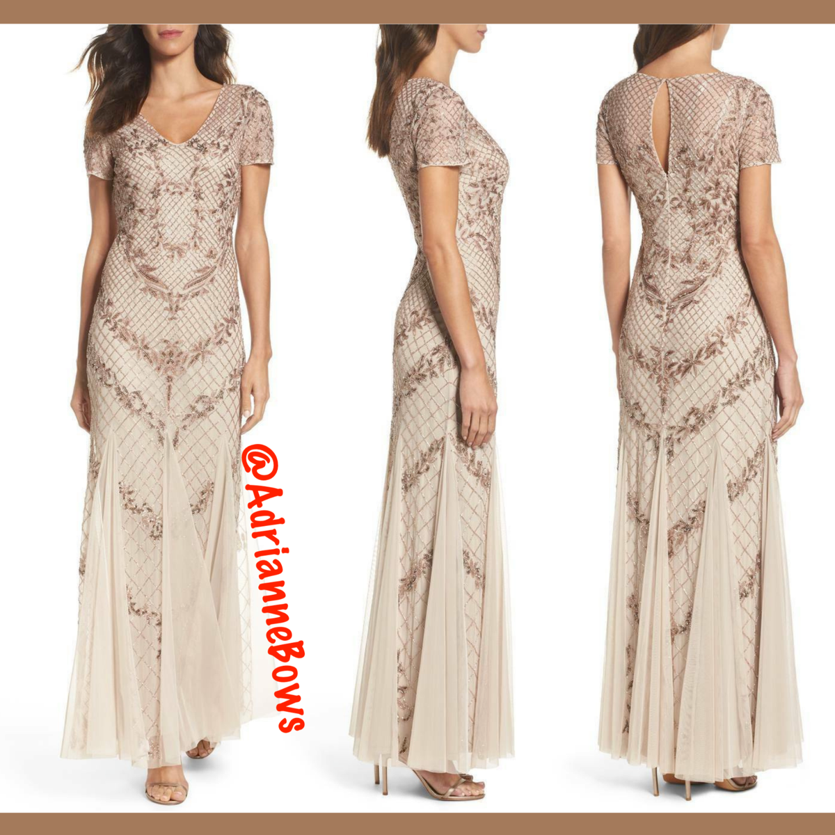 NWT $379 Adrianna Papell Beaded Mesh Mermaid Gown Floral Biscotti [SZ 8 ]  #N854
