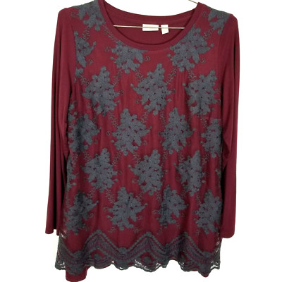 Logo Lavish Lori Goldstein Top Embroidered Overlay Size M Maroon Long Sleeve