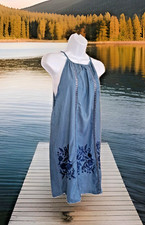 Blue Island Beach Dress M Embroidered Chambray Tasseled Tie Coverup Beachy Boho