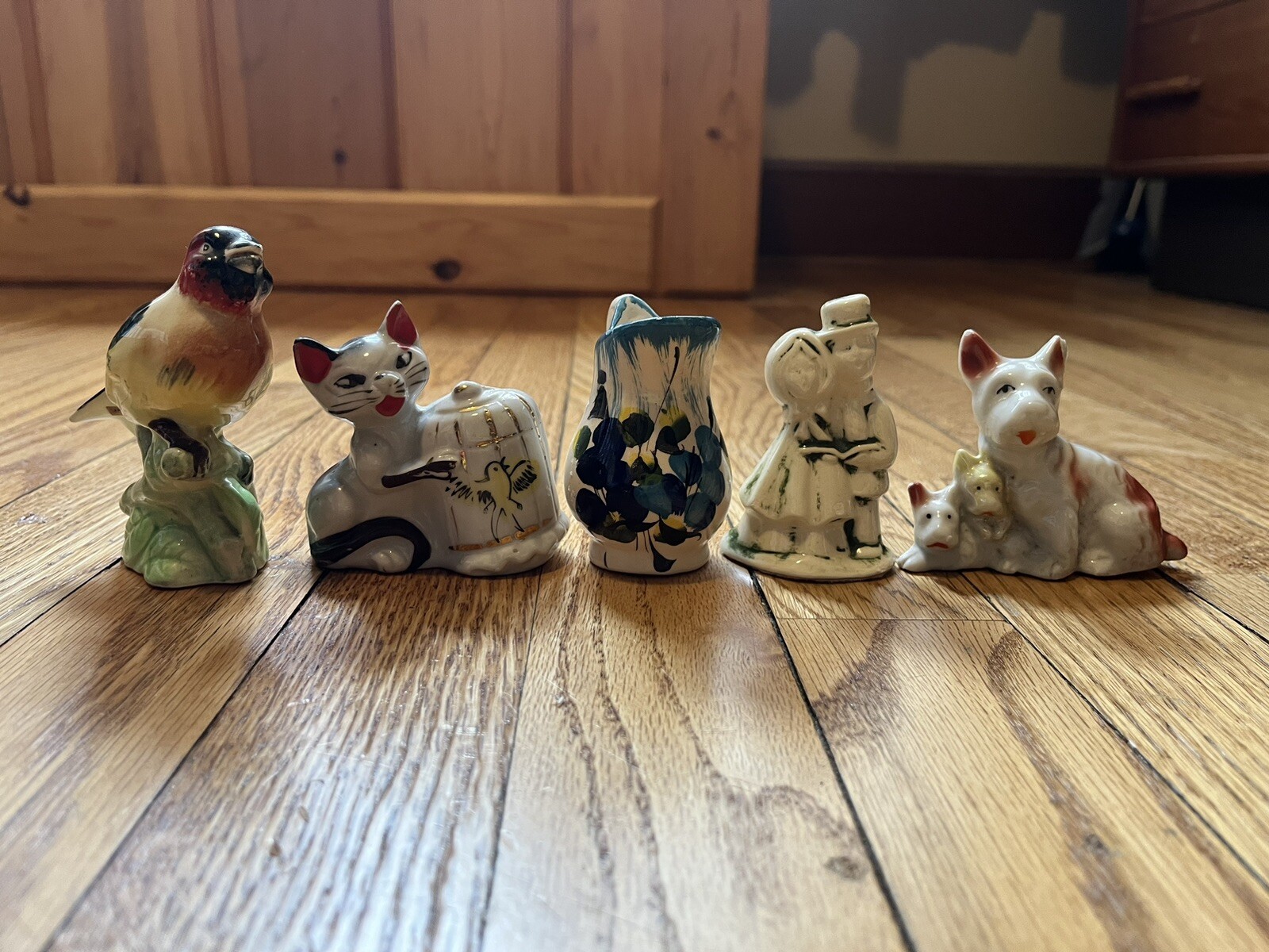 Vintage Japan Ceramic Figures Lot, Bird, Cat, Dog, Pitcher, Kitschy