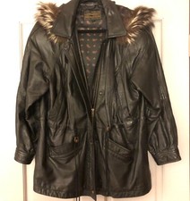 Women's Vintage ‘edward Billy’ Genuine Leather Coat W/fur Hood. Black. L.italy