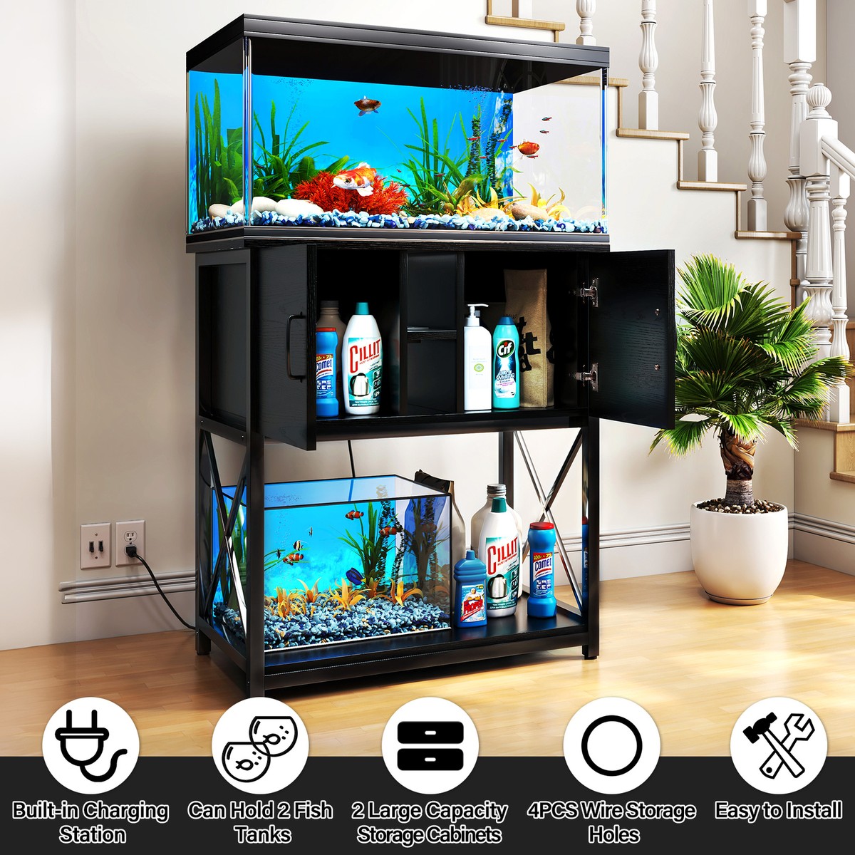TC-HOMENY 29Gallon Aquarium Stand with Cabinet &Charging Station