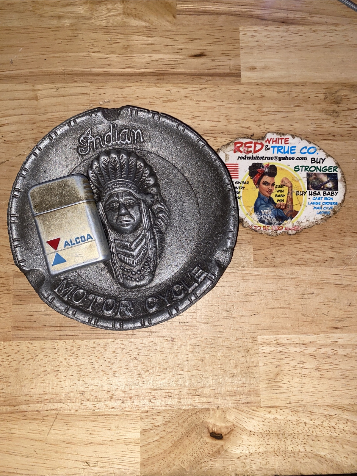 Indian Ashtray + Vintage Alcoa Lighter Combo Patina Western Harley Collector