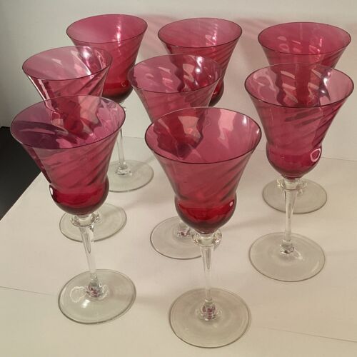 8 Handgeblasene rosa Cranberry Gläser optischer Wirbel 8"" Wasser Wein Becher - Bild 5 von 9