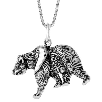 925 Sterling Silver Repeating Lines Walking Bear Pendant 11/16 (17mm) Inch Tall