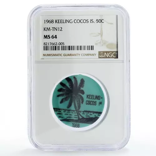 Keeling Cocos 50 cents Palm Tree Sea Beach KM-Tn12 Aqua Blue MS64 NGC coin 1968