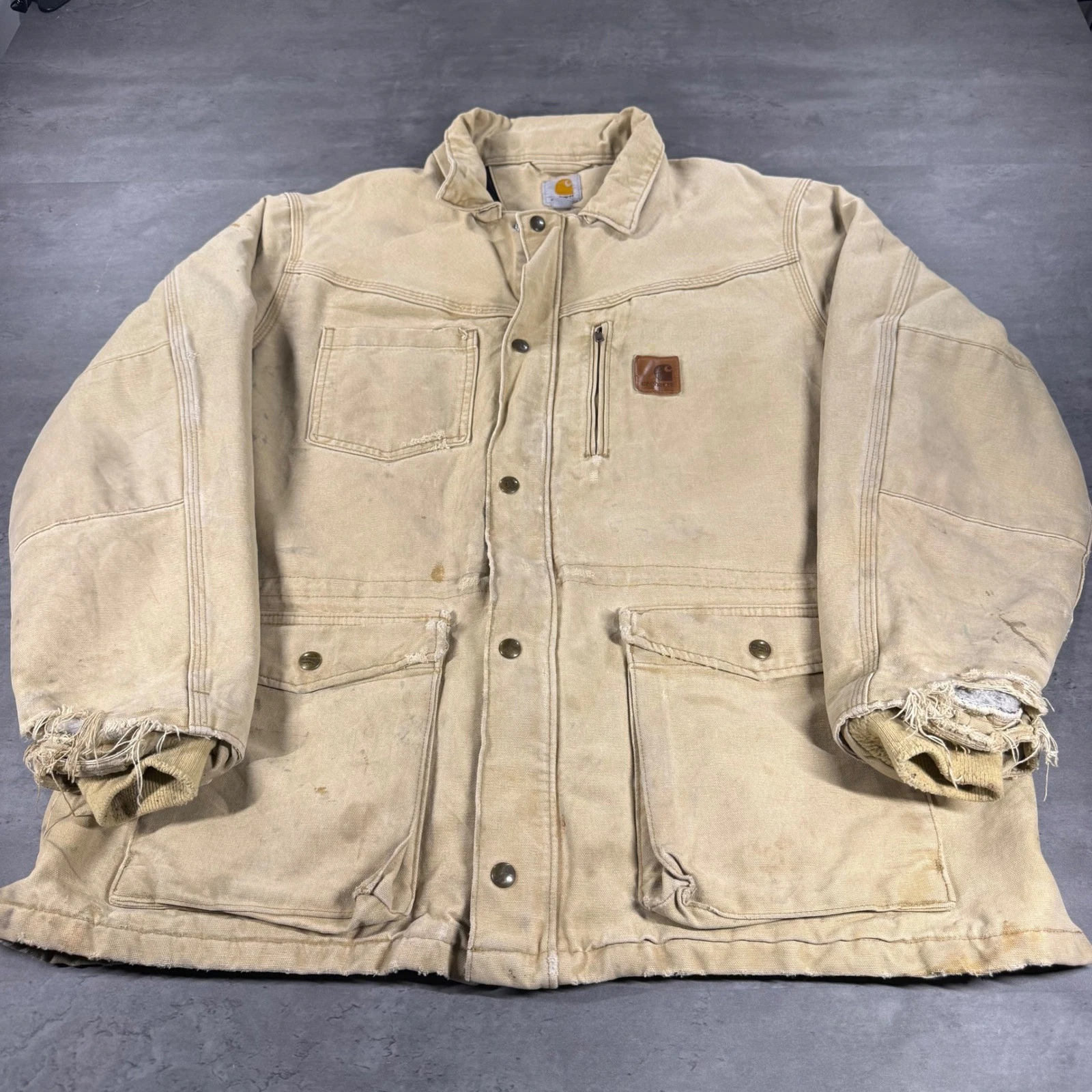 Carhartt Coat Jacket Men Large Tan Insulated Black Quilt Lined Thrashed Grunge