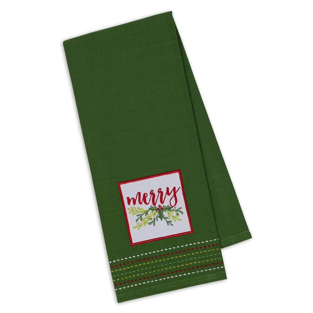 Design Imports Christmas Merry Embroidered Kitchen Dish Hand Towel, Green