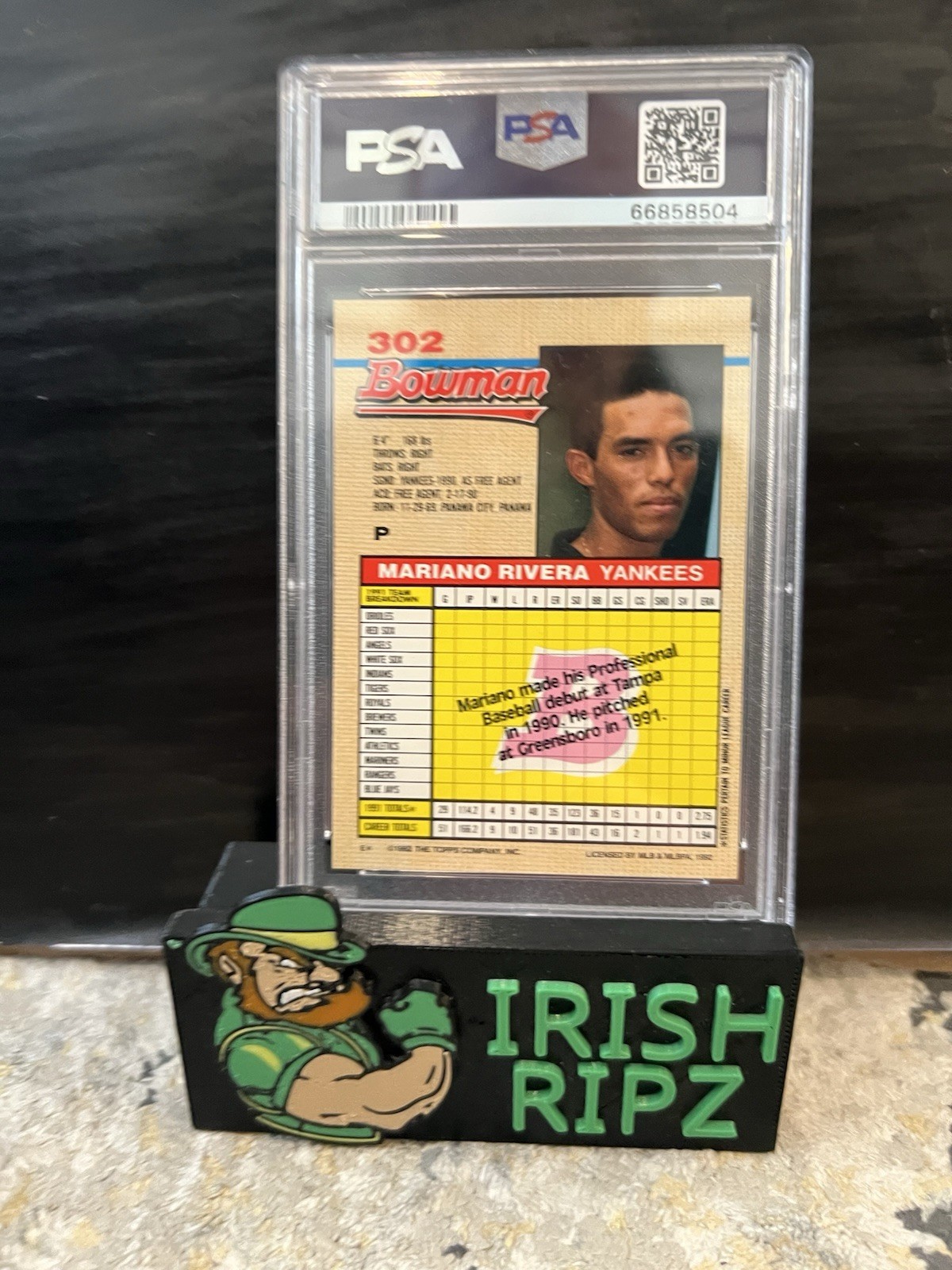 1992 Bowman - Mariano Rivera #302 E* on Back (RC) - Sandman - Yankees PSA 9 view 2