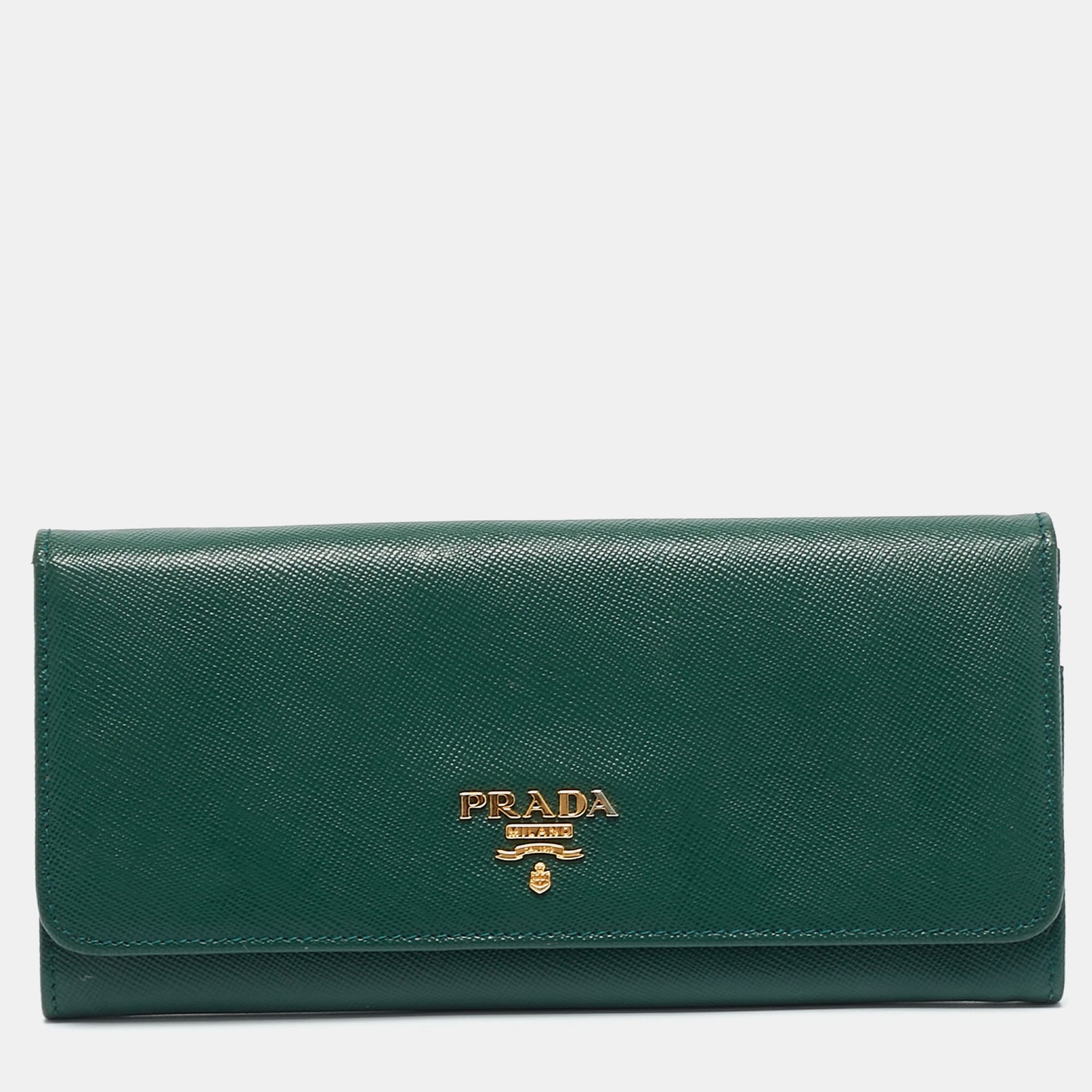 Prada Green Leather Logo Flap Continental Wallet with RFID Protection