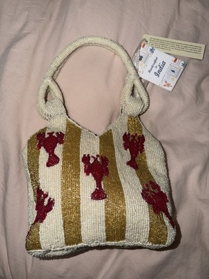 Handcrafted Beaded Lobster Handbag Gold White Striped Nautical Handle Bag NEW 