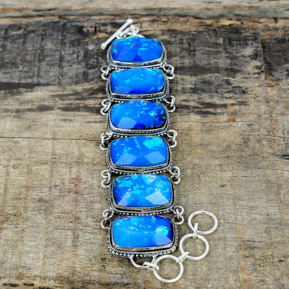 Blu Lucido Tripletta Fuoco Opale Gemma 925 Argento Sterling Artigianale Bracelet - Immagine 2 di 4