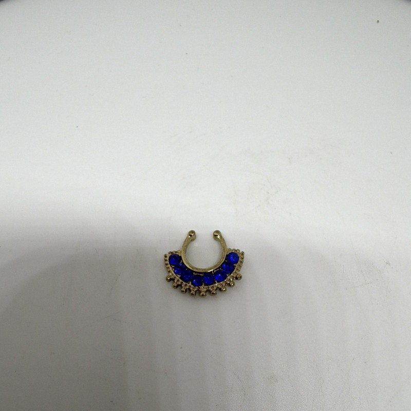 Gold Tone Clip-On Faux Septum Nose Ring, Round Blue Crystal, Unisex Adults