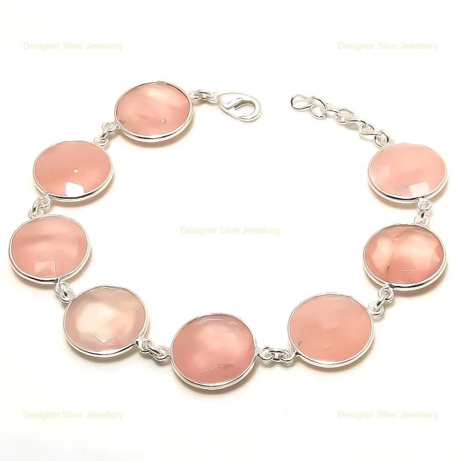 Cadena Redonda Piedra Cuarzo Rosa Nueva Madre Única Boho Pulsera Joyería Plata 925 Foto 3 de 4
