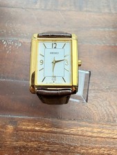 Vintage 1990 NEAR MINT SEIKO V732 Gold 27mm Tank Men's Quartz Watch Leather Stra