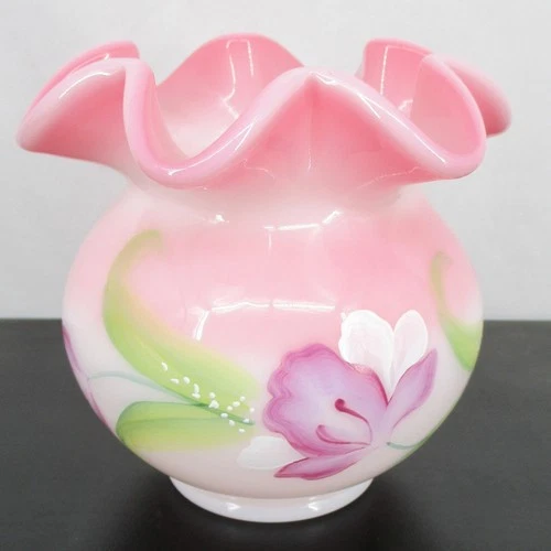 Vintage Fenton Pink Ruffled Rose Bowl Art Glass Hand Painted Signed S. Hopkins