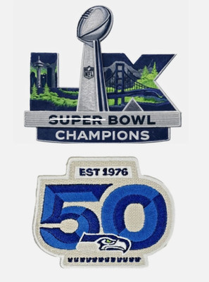 SB 60 and 50 Ann. Seattle Seahawks Iron on or sew On Embroidered  2Pc 3.5''