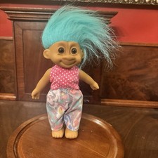 Vintage Russ Berrie Troll Doll 7 Blue Hair Brown Eyes Floral Pants 1990s