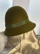 VINTAGE Yves Saint Laurent Womens Olive Green Wool Cloche Hat w/ Ribbon Band