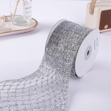 Silver Stretchable Glitter Diamond Mesh Ribbon Wired Ribbon Wide 2.5" to 7" f...