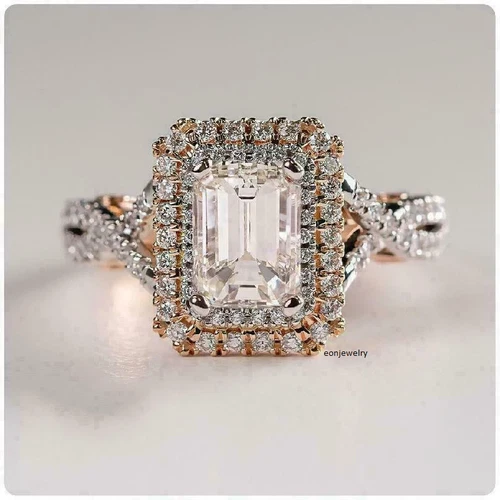 3CT Emerald Cut Lab-Created Diamond Halo Engagement Wedding Her Ring 14K Gold FN