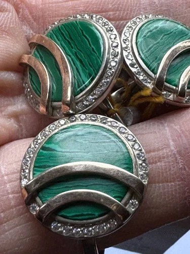 Malachite Vintage Ring and Earring Set, 925 Sterling Silver and Gold, Women's Je