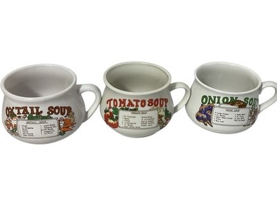 Vintage Soup Mugs Cups Bowls Set of 3 Oxtail Onion Tomato Recipes