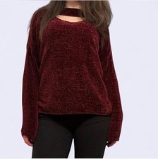 No Comment Women's Sz L Sweater Gigi Choker V-Neck Burgundy Long Sleeve EUC
