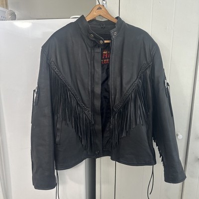 Hot Leathers VTG Black Leather Fringe Motorcycle Biker Unisex 20 Zip Out Liner