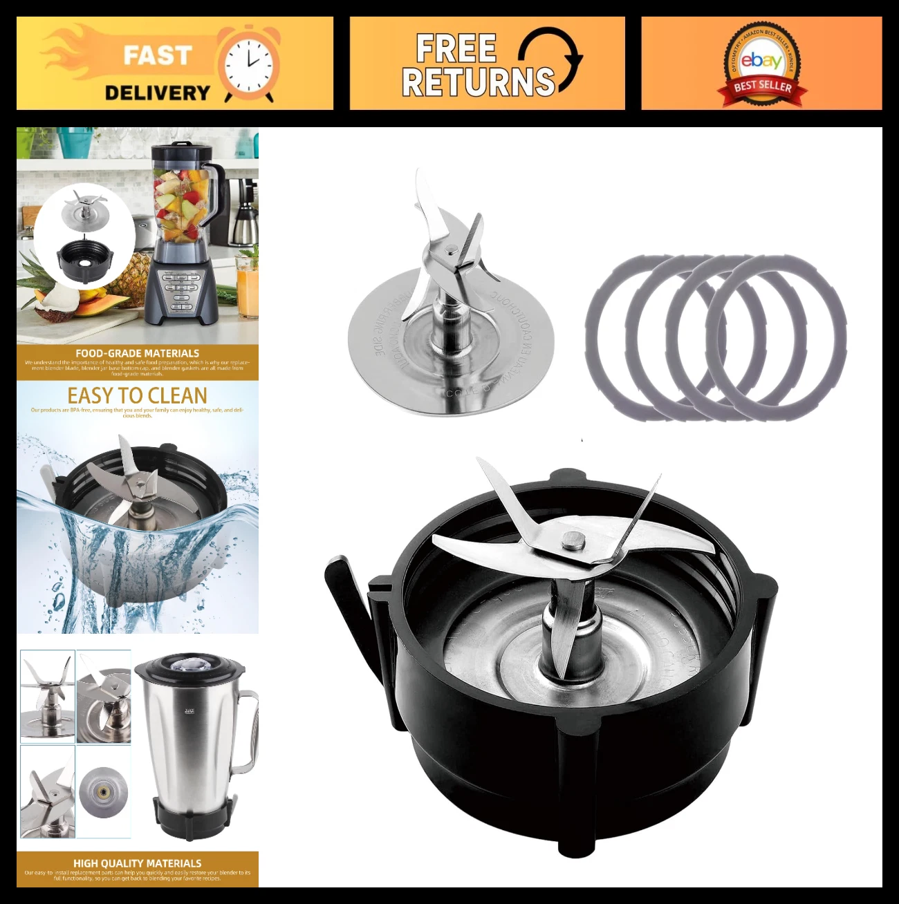 Blender Blade Replacement - 6-Prong Stainless Steel Cutter, Jar Base Cap & Gaske
