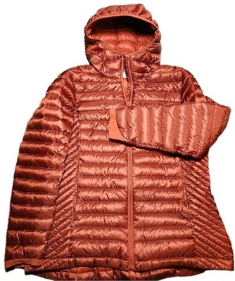 Duluth Trading Duck Down Jacket Women's Large Quilted Orange Hooded Puffer Nylon