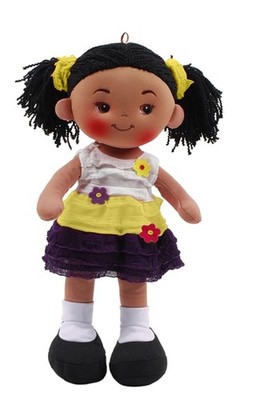 Linzy Plush Aissa 16'' Yellow Cloth Rag Doll, Brown Skin & Black Hair