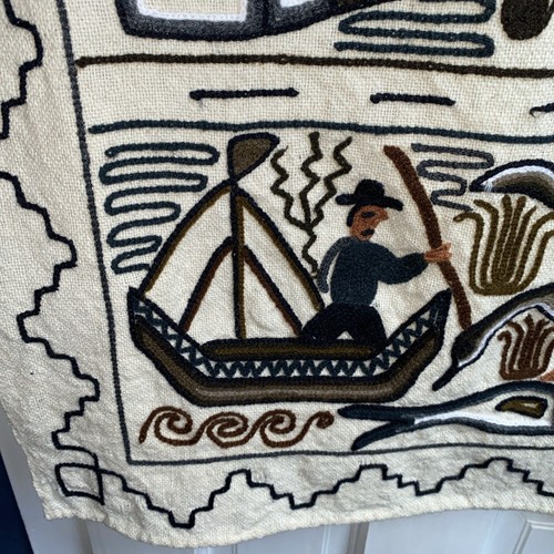 Vintage peruanischer Crewel Stickerei Wandteppich Wandbehang Azteken Volkskunst 40”x 21,5” - Bild 13 von 23