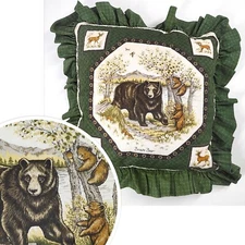 Vintage Handmade Bear Ruffled Green Pillow  Cubs Forest Cottage Cabin Décor 18"
