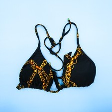 Victorias Secret Black Metallic Print Large Padded Swim Bikini Top Swimsuit New