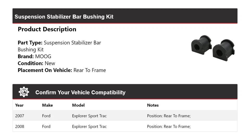 Kit de buje de barra estabilizadora de suspensión MOOG para Ford Explorer Sport Trac 2007-2008 Foto 2 de 3