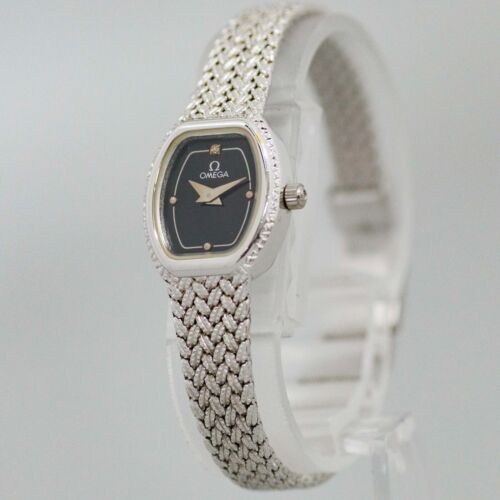 *RARE* Vintage 1971 OMEGA Silver Quartz Black Dial Women's 17mm Watch Swiss Made