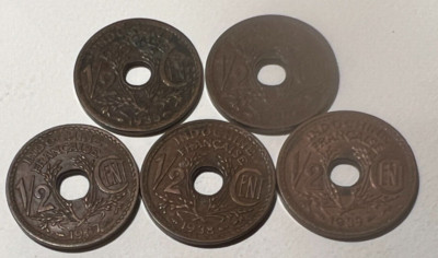Lot Of 5 Indochine Indo China 1/2 Cent 1935-1939 Coin