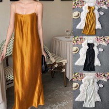 Women Satin Faux Silk Dress Pleated Frill Strappy Shiny Spaghetti Underdress