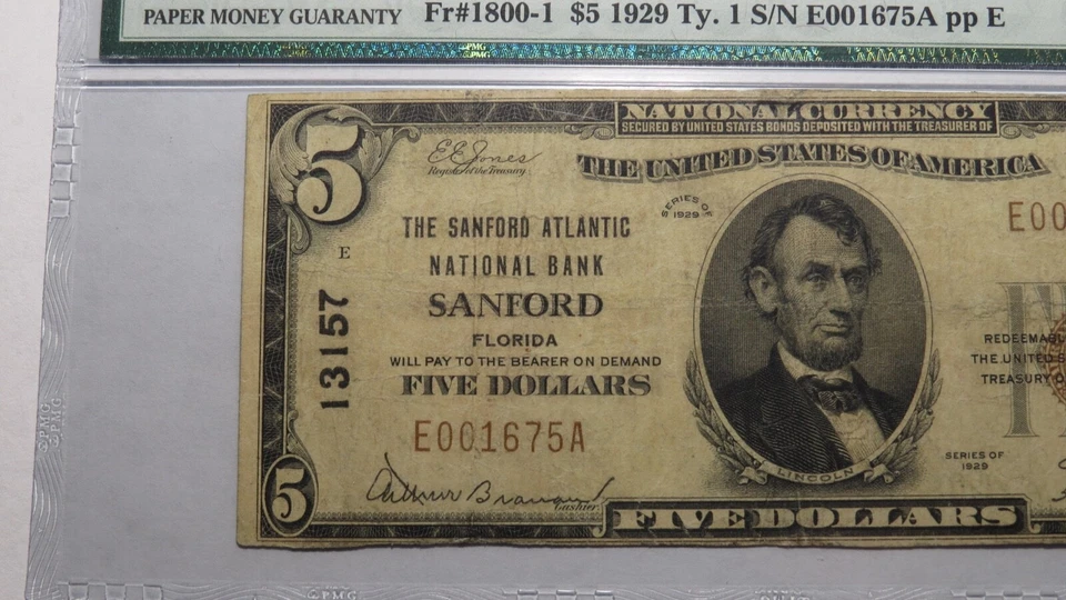 $5 1929 Sanford Florida FL National Currency Bank Note Bill Ch. #13157 VG10 PMG - Image 2 of 4