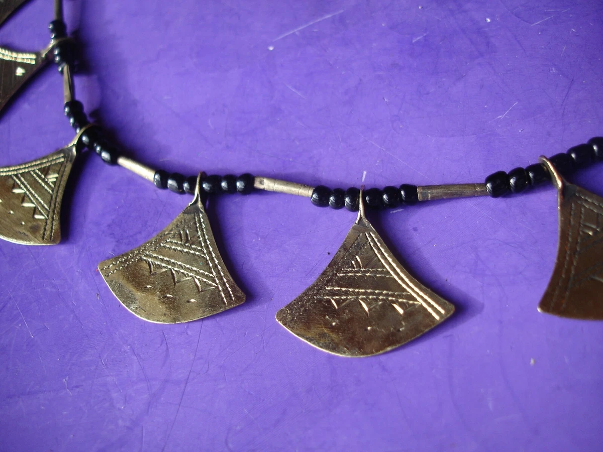 Niger Tuareg BRASS gold colour engraved drop triangle necklace agate beads