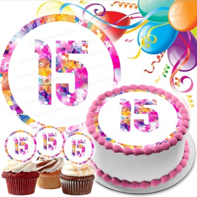 15 Geburtstag Tortenaufleger Party Deko essbar Feier Cupcake Geschenk Jubiläum rosa
