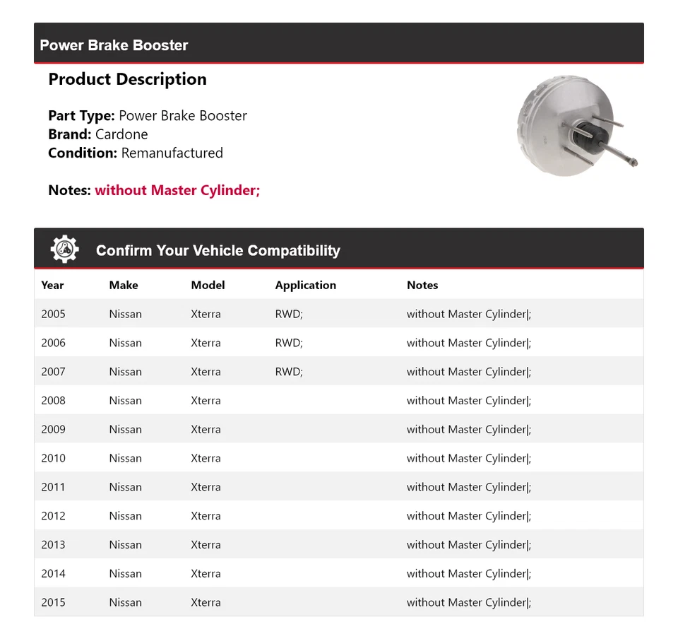 Para Nissan Xterra 2005-2015 Power Brake Booster Cardone 2006 2007 2008 2009 2010 Foto 2 de 4