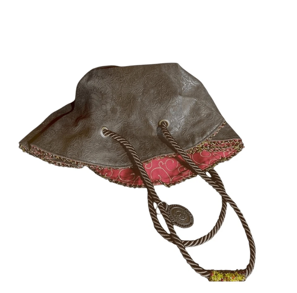 India Marrón Paisley Estampado Gamuza Bordado Cubo, Hobo, Cartera, Bolso Foto 4 de 4