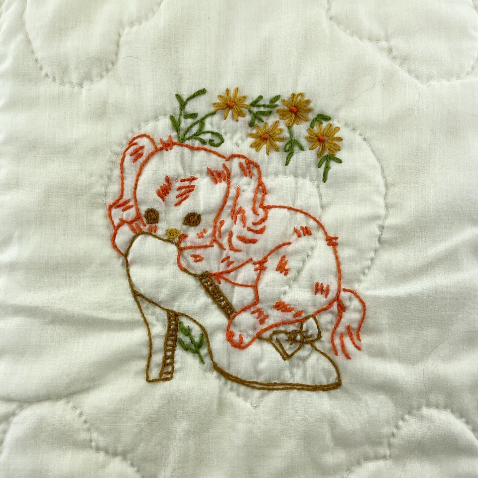 Edredón bebé bordado vintage animales cachorro cervatillo oso conejito gato pato pájaro gato Foto 4 de 4