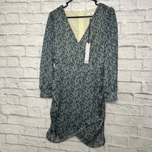 NSR Adult Dress Small Blue Green Floral Long Sleeve V-Neck Faux Wrap Lined Women