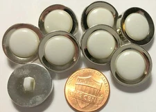 8 Shiny Silver Tone PLASTIC White Domed Center Shank Buttons 11/16" 18mm 3588