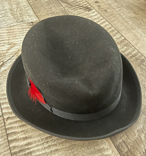 Bailey Mens Black Bowler Hat Red Feather Accent Fur Felt Fedora Lined
