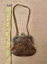 Antique 2" brown Leather Doll Purse 4 German French Bisque Head  5.5" with strap