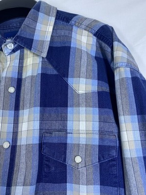 Wrangler Brushpopper Shirt Mens XL Plaid Denim Western Pearl Snap Long Sleeve